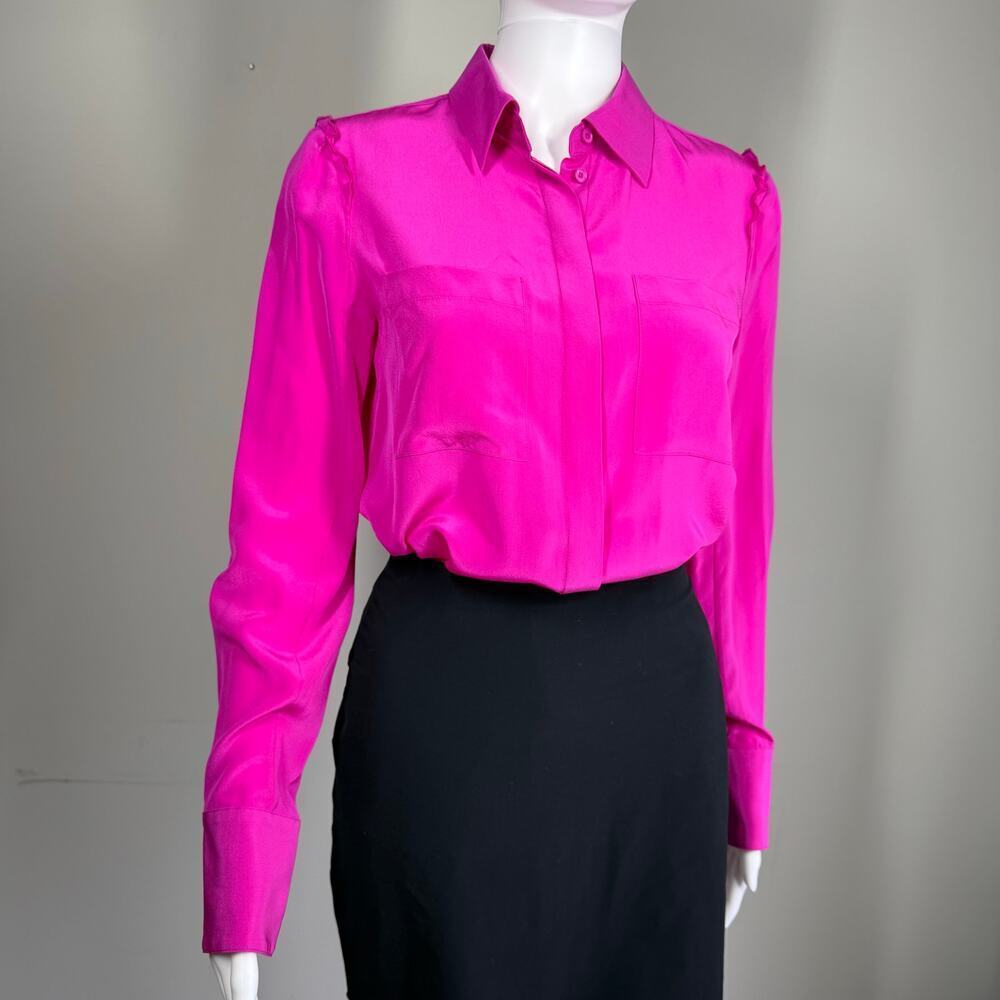 Grey Jason Wu Silk Hot Pink 100% Silk Ruffle Shoulder Blouse Size 0